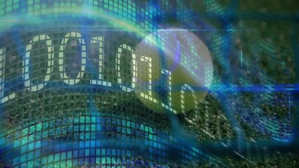 Poster - Curved 3D mesh being animated in futuristic data scene, with glowing squares and binary digits