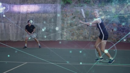 Poster - Tennis partners practicing on court, displaying glowing network graphics for sports technology