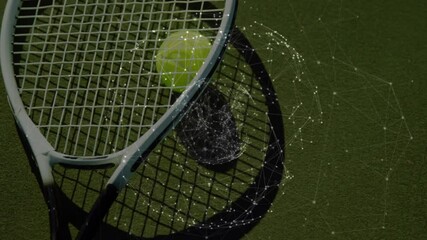 Poster - Tennis racket head holding tennis ball and projecting digital network lines across green court