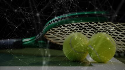 Poster - 3D showing green tennis racket lying on court under network overlay with two balls resting nearby