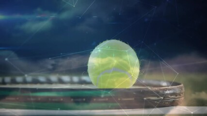 Poster - Tennis ball resting on racket strings glowing with digital network overlay in animated illustration