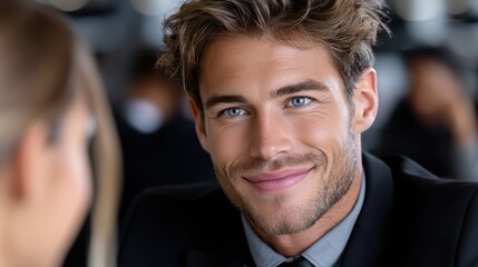 Poster - A man with a beard and a smile is sitting at a table with a woman