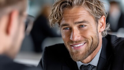 Fototapete - A man with a beard and glasses is smiling at the camera