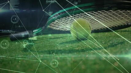 Poster - Rendering green tennis court with racket and ball lying, displaying real time analytics overlay