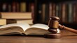 © swillklitch - Wooden gavel and open law book on a courtroom desk with legal literature in the background