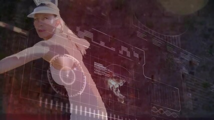 Poster - female athlete leaning forward on tennis court, showcasing sports tech HUD grid lines, data charts