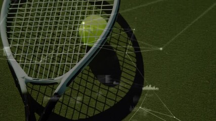 Poster - Tennis racket and ball being rendered overhead on green turf, showing network nodes and data charts