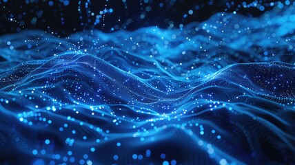 Poster - Abstract blue glowing wireframe waves on a dark background. Digital art for design of global connection with glowing blue dots and line connecting together. Global communication. Innovation. AIG53.