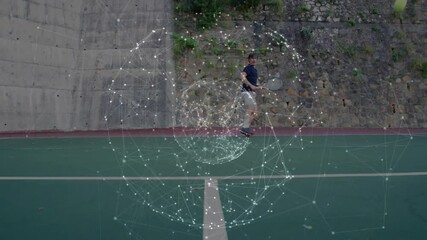 Poster - male tennis player playing backhand swing on outdoor court, overlaying technology network graphics