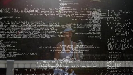 Poster - female tennis player standing on court, displaying floating code overlays for sports analytics