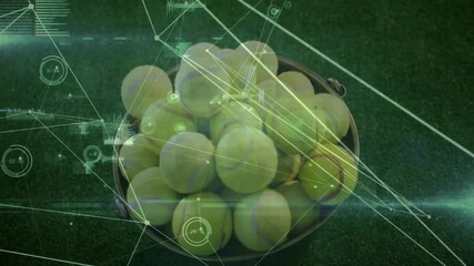 Poster - Bucket of yellow tennis balls getting analyzed top-down, featuring data nodes, graphs in 3D render