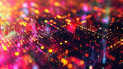 Poster - Abstract circuit lines in vibrant colors on a dark background. Digital artwork of vibrant color glowing neon glitch effect. Technology innovation and digital innovation concept. Error pattern. AIG53.