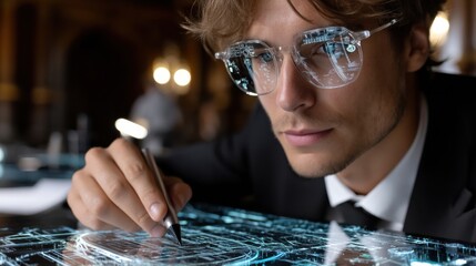 Poster - A man wearing glasses is writing on a computer screen