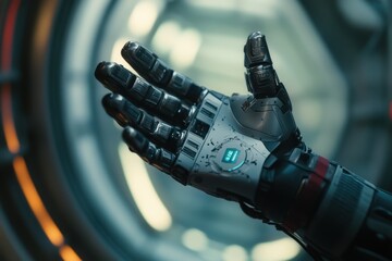 Poster - Advanced robotic hand showcasing intricate design and technology in a futuristic setting