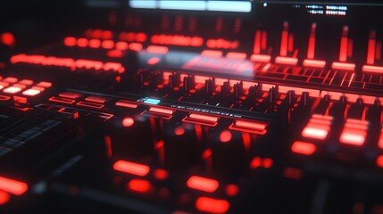 Poster - Close-up of a futuristic music mixer with glowing red buttons and knobs.  The sleek, dark design suggests advanced technology and a vibrant music production setting.
