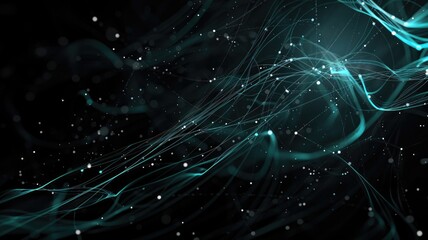 Poster - Abstract picture of turquoise particle with sparkle atom style design connect and flow show energy dynamic represent connection of star in universe or dust atom in space with mysterious scene. AIG53.