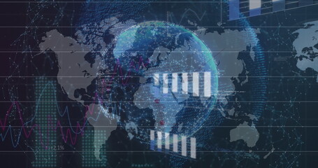 Poster - image of globe and data processing over network of connections on black background