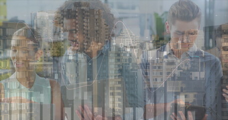 Poster - Image of financial data processing over diverse business people and cityscape