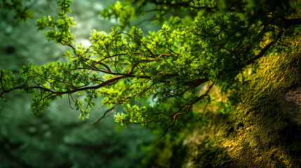 Poster - Close-up of lush green foliage on a tree branch, sunlight illuminating leaves, creating a vibrant and refreshing scene, representative of nature's beauty and spring