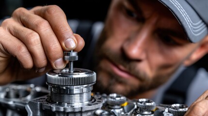Poster - A man is working on a machine with his hands