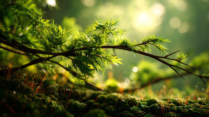 Poster - Green branch with lush foliage over mossy surface, sunlight filtering through, creating a serene and peaceful forest scene, ideal for nature or tranquility concepts