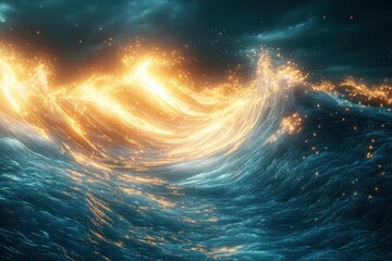 Poster - Majestic waves illuminated with vibrant sparks under a dramatic stormy sky at dusk