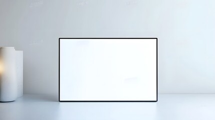 Poster - A blank white screen on a minimalist white surface with a subtle, cylindrical vase. Ideal for showcasing product designs, apps, or websites.