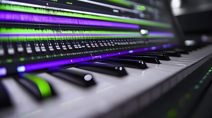 Poster - Close-up of a digital piano keyboard with a vibrant audio waveform display on the screen.  Green and purple lights accentuate the music production interface.