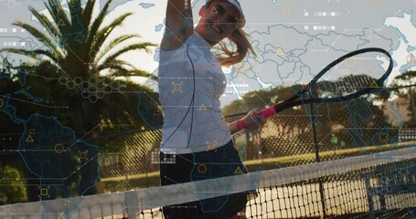 Poster - Female tennis player swinging racket on court, showing technology with digital world-map interface