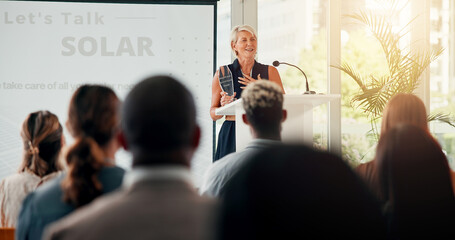Poster - Sustainability, business and woman with solar award, presentation and success for innovation project. People, employee and celebration with support, audience and renewable energy with happy speaker