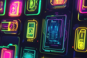 Fototapete - Neon digital interfaces glowing in a futuristic environment showcasing technology design