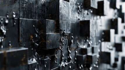 Poster - Abstract metallic geometric blocks in grey and gold. Abstract artwork of 3D rendering art with geometric shape with black wall. Digital art for design and print. Building construction concept. AIG53.