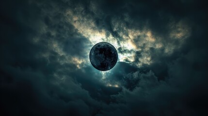 solar eclipse behind dark clouds in a dramatic sky. space photography capturing celestial event. nat