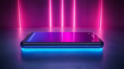 Poster - Sleek smartphone with vibrant blue light accents displayed against a backdrop of pink neon lights.  Modern technology and futuristic design.