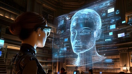 Poster - A woman in futuristic eyewear observes a 3D holographic projection of a human face, detailed with wireframe grids.