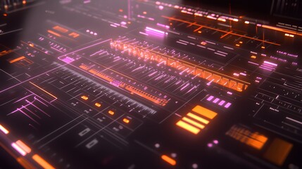 Poster - Close-up of a futuristic digital audio workstation interface with glowing orange and pink lines, buttons, and faders.  A modern, sleek design suggesting advanced technology.