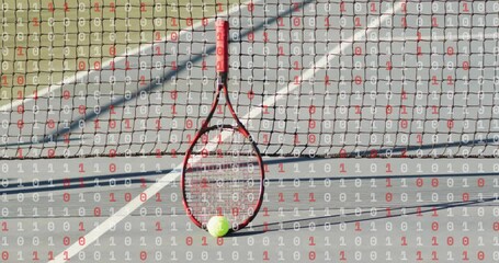Poster - Tennis racket leaning vertically on hard court, displaying binary code overlay for technology theme