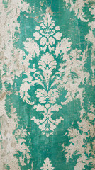 Poster - Teal wall texture with cracked paint revealing off-white floral pattern underneath, showcasing aged, vintage aesthetic suitable for rustic or antique designs