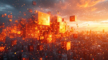 Poster - Futuristic Cityscape at Sunset: A Digital Metropolis of Glowing Cubes