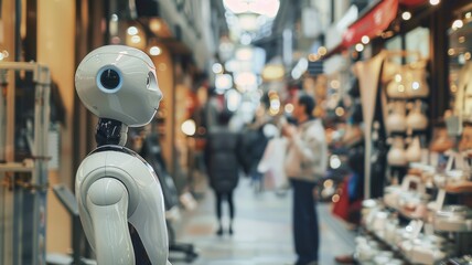 Poster - Robot standing in a futuristic shopping mall. White human machine standing while buying product from supermarket. Technology innovation and artificial intelligence concept for design and print. AIG53.