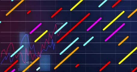 Poster - Abstract data visualization showing slanted neon bars and line graphs displaying percentage changes