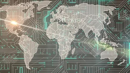 Poster - Futuristic digital world map showing sunburst flare radiating over hexagon grid and circuit traces