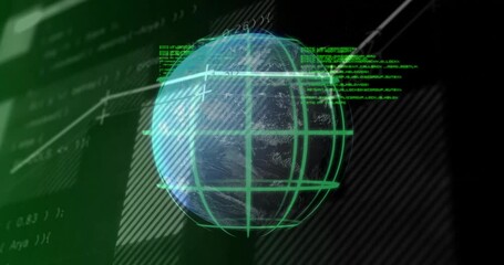 Poster - 3D Earth globe rotating centrally, showing neon green grid lines with floating code and streaks