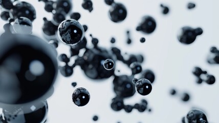 Poster - Abstract of black circle shape ball with droplet style design connect by pale color bond. Sphere bubble represent connection of molecule or atom bonding in blank space with mysterious scene. AIG53.