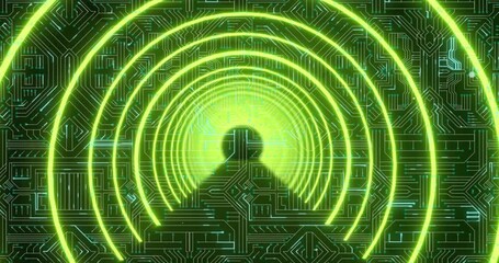 Poster - central silhouette head emitting neon rings and data waves over dark green circuit traces and nodes