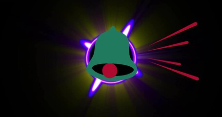 Poster - Green bell notification icon floating above cosmic eclipse with glowing purple ring and red streaks
