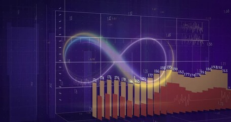 Poster - Glowing rainbow infinity loop floating over grid with red bar charts climbing, line graphs moving