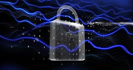 Poster - Glowing 3D wireframe padlock floating in cyberspace, weaving data waves and symbol streams