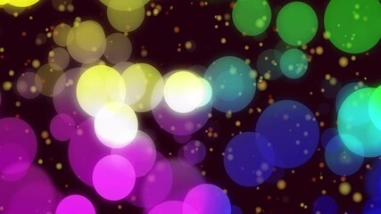 Poster - Multicolored glowing bokeh circles dancing across dark backdrop, featuring shimmering light spots
