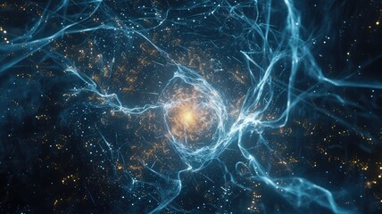 Poster - Abstract picture of wonderful blue wave in nebula style design connect and flow express energy dynamic represent connection of star in universe or plasma scatter on space with mysterious scene. AIG53.
